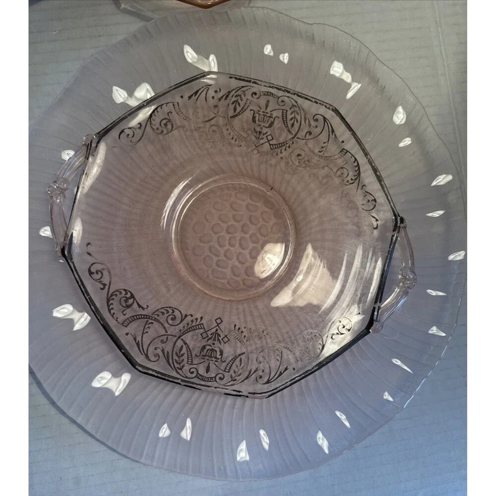 6 PC Pink Depression Glass Cake Plate 2 Sandwich Plates Sterling 2 Lg Pink Frost